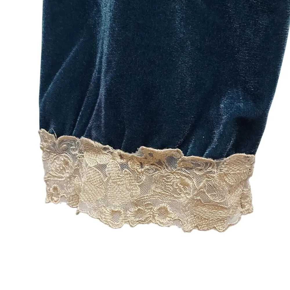 Turquoise Teal Blue Velour Velvet Straight Lace Trim Elastic Pajama Pants 2XL
